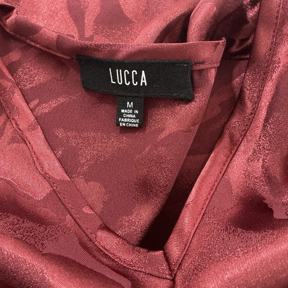 LUCCA Jacquard Satin Floral Wine Blouse Bow Tie M Coquette Fairy Dark Academia - Picture 8 of 15
